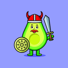 Cute cartoon character Avocado viking pirate with hat and holding sword and shield in cute modern style design 