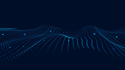 A wave of moving particles. Abstract 3d vector illustration on a dark background.