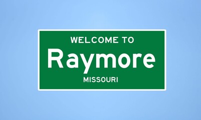 Raymore, Missouri city limit sign. Town sign from the USA.