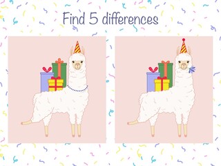 Find 5 differences and color - children educational game. Coloring book page with cute llamas. Vector illustration