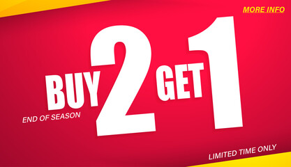 Buy 2 Get 1 Free, sale tag, banner design template, discount app icon. EPS 10.