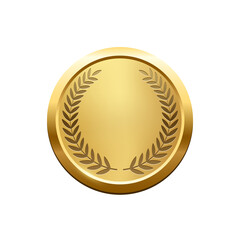 Gold medal with laurel wreath vector illustration. 3d realistic trophy badge of circle design, greeting anniversary or jubilee medallion, achievement champion isolated on white background.