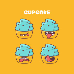 cup cake cartoon. bakery series vector illustration. with different mouth expressions