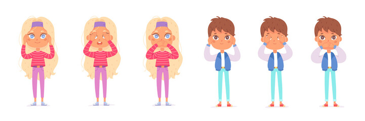 Funny children close mouth, eyes and ears set like, do not see, speak and hear concept