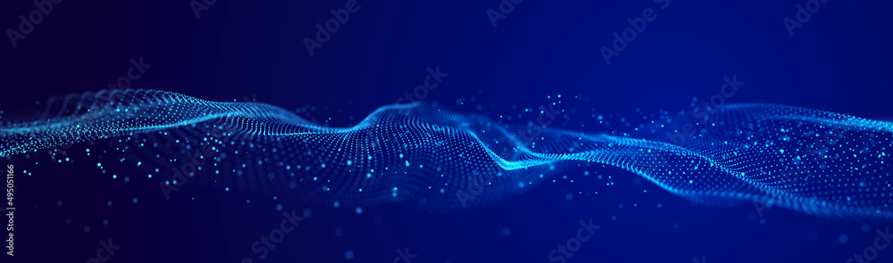 Poster Technological wave of points. Digital background. Great data visualization.. 3D rendering.