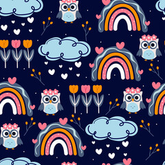 seamless pattern hand drawing cartoon owl, boho rainbow, clouds and flower. spring background for fabric print, textile