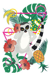 Lemur with tropical leaves and fruits