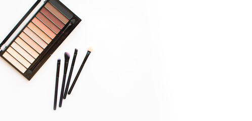 Make up palette set. Professional multicolor eyeshadow palette. Makeup. Professional multicolor eyeshadow make-up palette background. Banner.