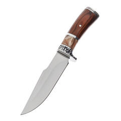 Knife tourist, hunting, tactical, military for survival and self-defense. Steel blade. Wooden handle. An isolated object on a white background.
