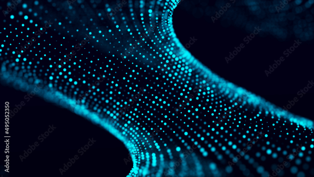 Poster Digital technology. Futuristic background of glowing particles in motion. Large amount of data. 3D rendering.