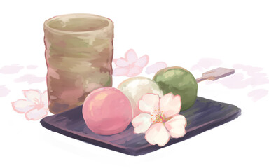 Obraz na płótnie Canvas 春の桜びらに三色団子とお茶