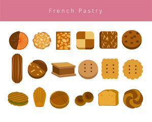 Collection of traditional french desserts. Cookies, pound cake, sliced ​​almond flat style vector illustration