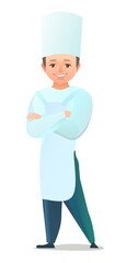 Male cook in overalls. Little boy from kitchen in an apron. Cheerful person. Standing pose. Cartoon comic style flat design. Single character. Illustration isolated on white background. Vector
