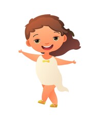 Little girl preschooler. Person in summer clothes. In light sundress. Cheerful funny kid. Baby joy. Cartoon style illustration. Cute child. Flat design. Isolated on white background. Vector