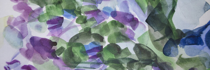 Abstract purple bloom. Blooming wisteria bush painting. Spring flowers background. Watercolor texture wallpaper. Naturalness concept. Brush strokes surface.