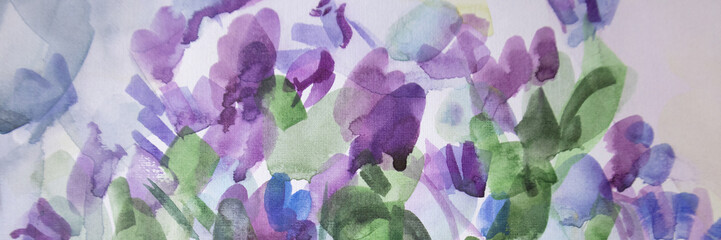 Blooming wisteria bush painting. Spring flowers background. Watercolor texture wallpaper. Naturalness concept. Brush strokes surface with blots and stains.