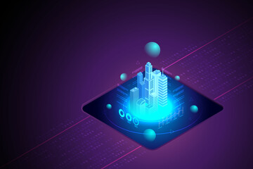 Hologram city on purple background .