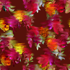 Bleeding floral seamless pattern. Distorted meadow spring flowers. Watercolor paints texture. Elegant feminine nature motif. Trendy blurred botanical design.