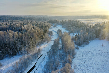 river in winter view from drone, outdoor frost forest landscape