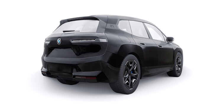 Paris, France. January 21, 2022: BMW iX 2022 Black luxury sport suv electric car isolated on white background. 3d illustration.