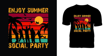 Summer beach graphic tee vector design with palm tree silhouette. Global swatches. T-shirt design