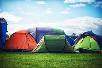 The great getaway. A large group of tents pitched together outdoors.