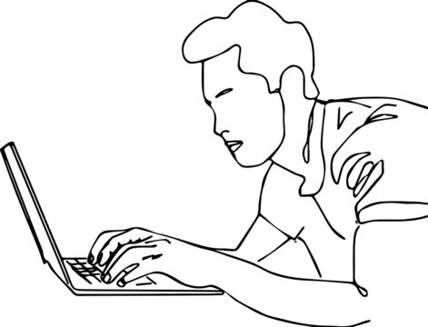 Outline Sketch Drawing Vector Of Young Boy Working On Laptop In Lazy Pose, Line Art Illustration Silhouette Boy With Laptop