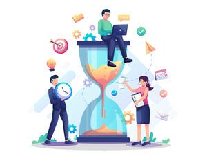 Fototapeta People are working near a giant hourglass. Business project time limit or Deadline. Time Management concept. Flat style vector illustration obraz