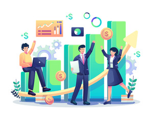 Business Financial Growth up concept with happy people success increases their profits. Investment business improvement. Flat style vector illustration