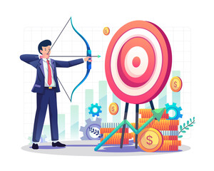 Businessman aiming target with bow and arrow archery to the target board. Business target and achievement concept. Flat style vector illustration