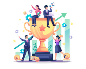 Happy Business People celebrating success with a big golden trophy. Business Team Success concept. Getting a reward or prize for goal and achievement. Flat style vector illustration