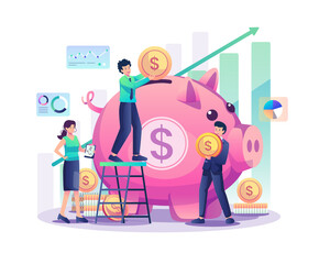 People put coin money into a piggy bank with a graphic chart increase. Money-Saving and Investment concept. Flat style vector illustration