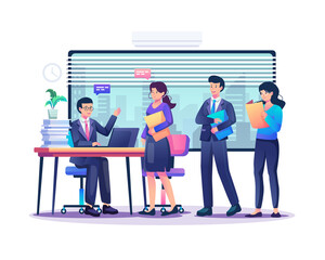 People stand in line queuing and waiting for an interview with job seekers. Corporate recruitment or job vacancy concept. Flat style vector illustration
