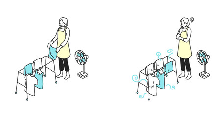 部屋干しをする女性　バリエーションセット