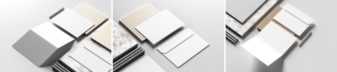Envelope with bi fold paper mock up isolated on white background. Invitation mock up isolated on white background. 3D illustration.