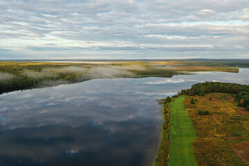 river autumn view from drone forest, landscape panorama aerial view