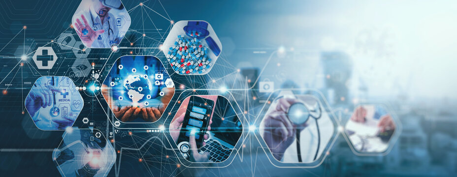 Doctor Withvirtual Globe  Healthcare Network Connection Concept.Science And Medical Innovation Technology Future Sustainable Smart Services And Solutions In Global Research Networks.