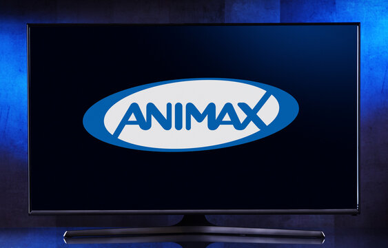 Flat-screen TV set displaying logo of Animax