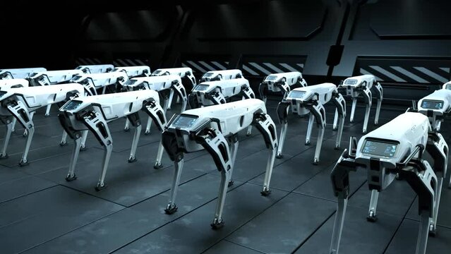 A robot dog is in a robot factory