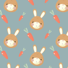 Obraz premium Vector seamless pattern with cartoon rabbits and carrot for Easter and other users. For greeting card, posters, banners, children books, printing on the pack, printing on clothes, wallpaper.