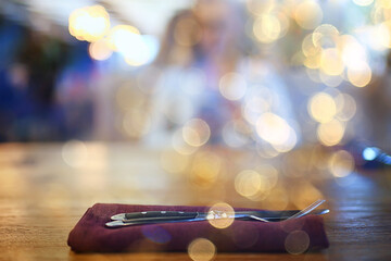 restaurant table setting, fork and knife on the table menu decor