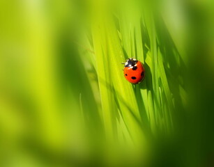 Beautiful ladybug on bright and showy green grass background in the morning sun close up