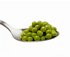 Fresh peas spoon closeup isolated on white background.