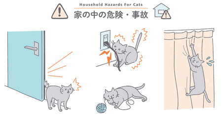 猫のイラストセット　家の中の危険・事故