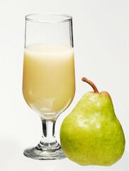Fresh pear juice glass and pear fruit on white background.