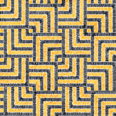 Embroidered seamless geometric pattern. Ornament for the carpet. Ethnic and tribal motifs. Colorful print of handmade. Vector illustration.