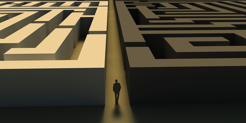 Little man stands in front of a huge labyrinth