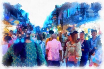 Landscape of the Night Market at Chiang Khan District Loei Province, Thailand watercolor style illustration impressionist painting.