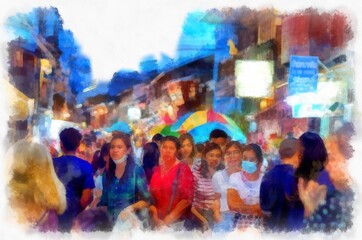 Fototapeta premium Landscape of the Night Market at Chiang Khan District Loei Province, Thailand watercolor style illustration impressionist painting.