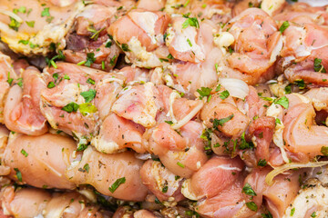 Raw chicken meat on skewers with onions and herbs, prepared for the grill. Raw chicken skewers.